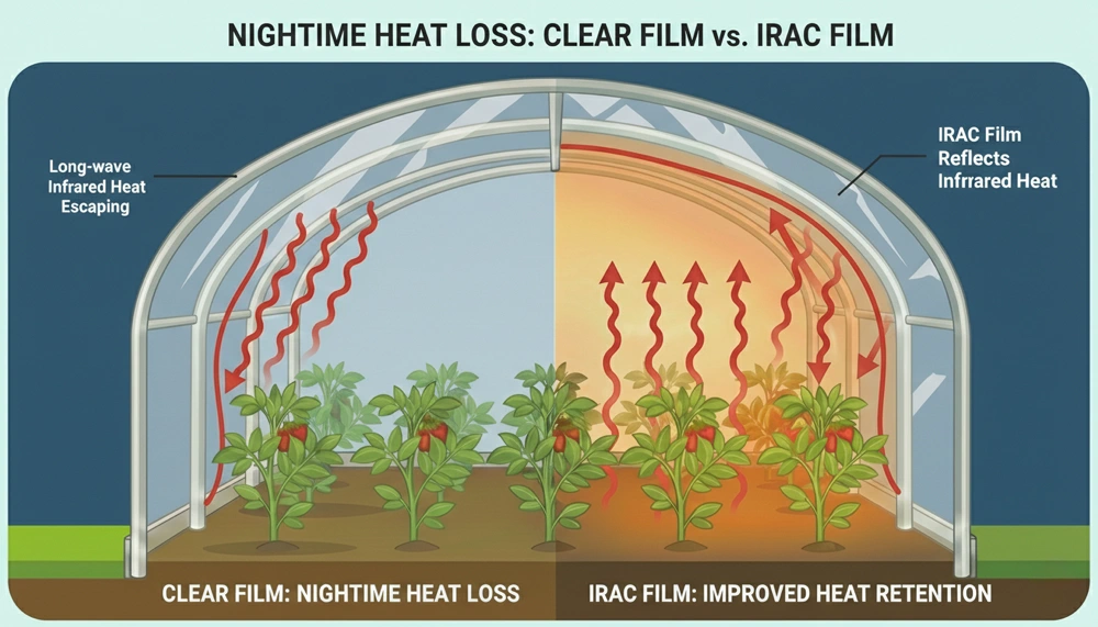 Comparison diagram showing nighttime heat loss with clear film vs improved heat retention with IRAC film