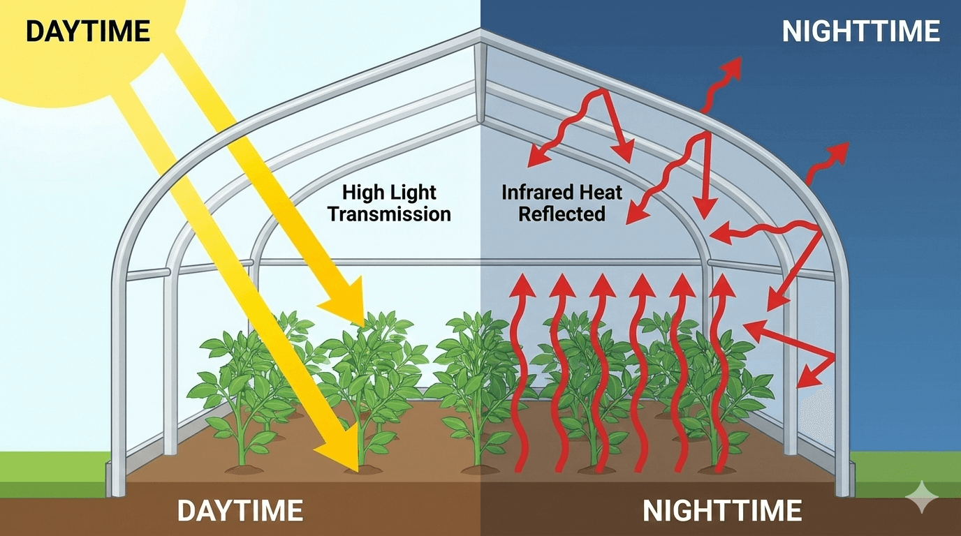 Diagram showing IRAC greenhouse plastic reflecting infrared heat back into the greenhouse during the night